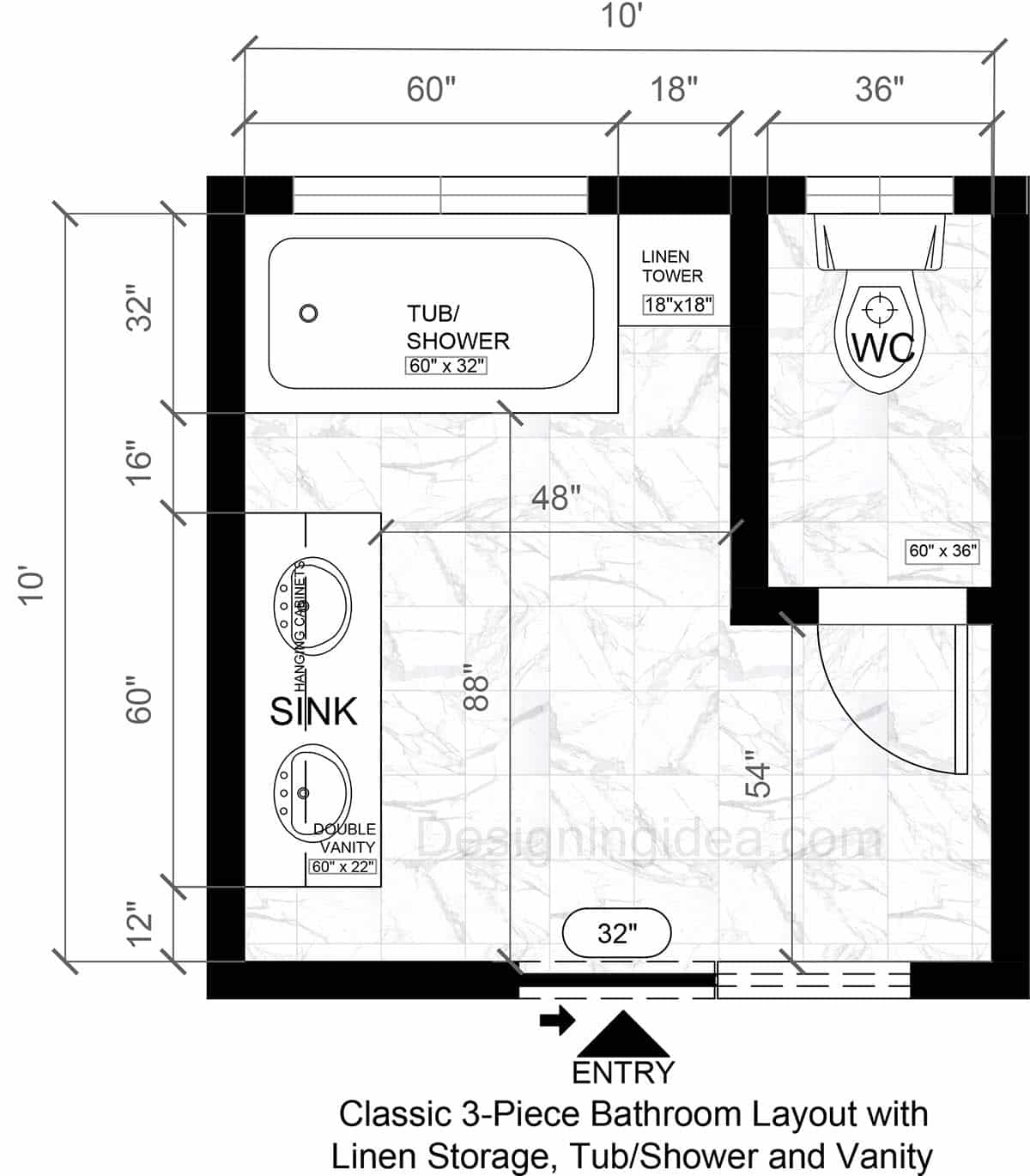 Classic 3-Piece Bathroom Layout with Tub & Shower Combo, Linen Closet, And Vanity