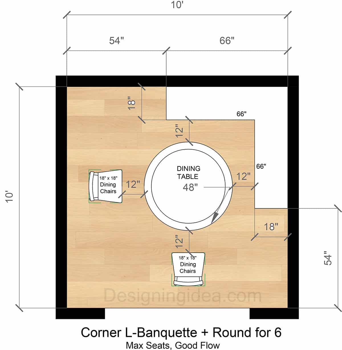 Dining Area Layout With Corner L-Banquette and Round Table for 6