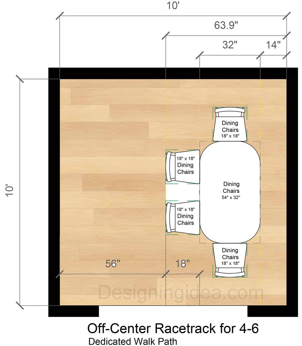 Dining Table Placement For 4 to 6 With Off-Center Racetrack 