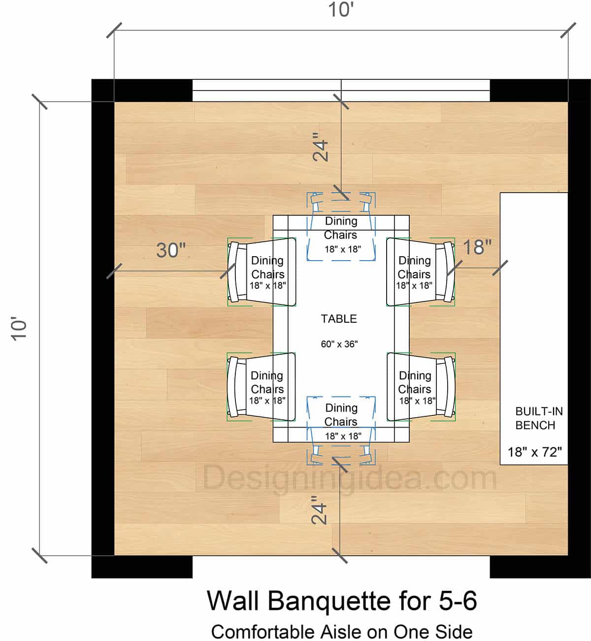 Dining Area Floor Plan With Wall Banquette for 5 to 6