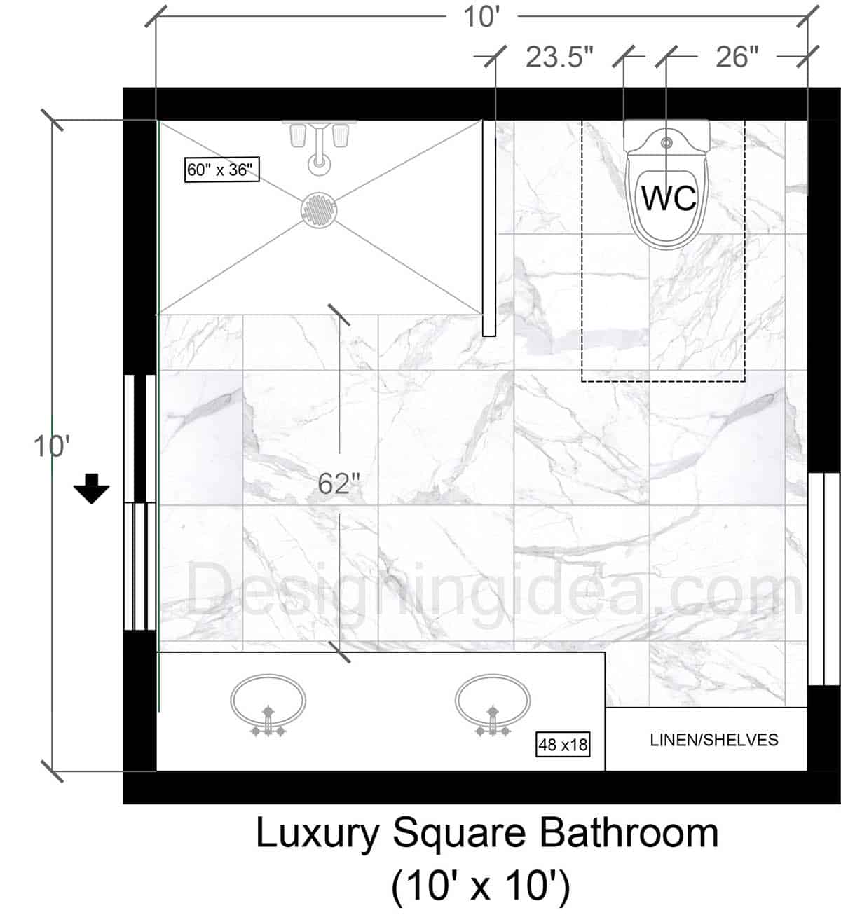 10x10 luxury bathroom with spacious walk-in shower layout