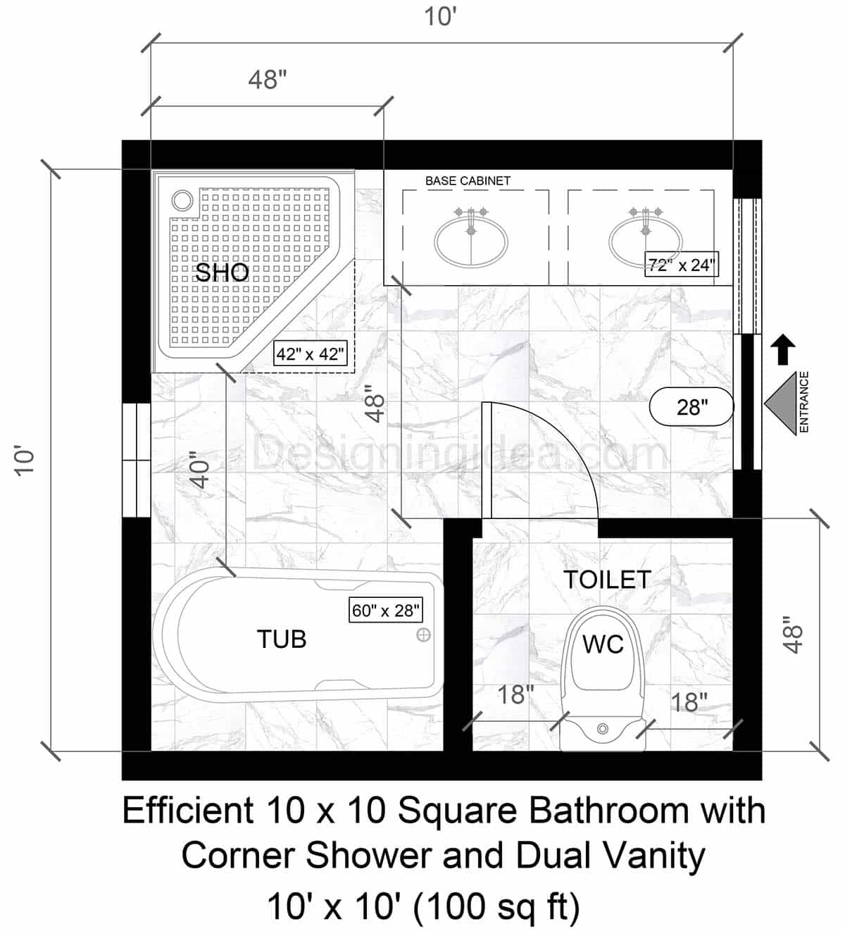 10x10 Square Bathroom Layout with Corner Shower and Dual Vanity