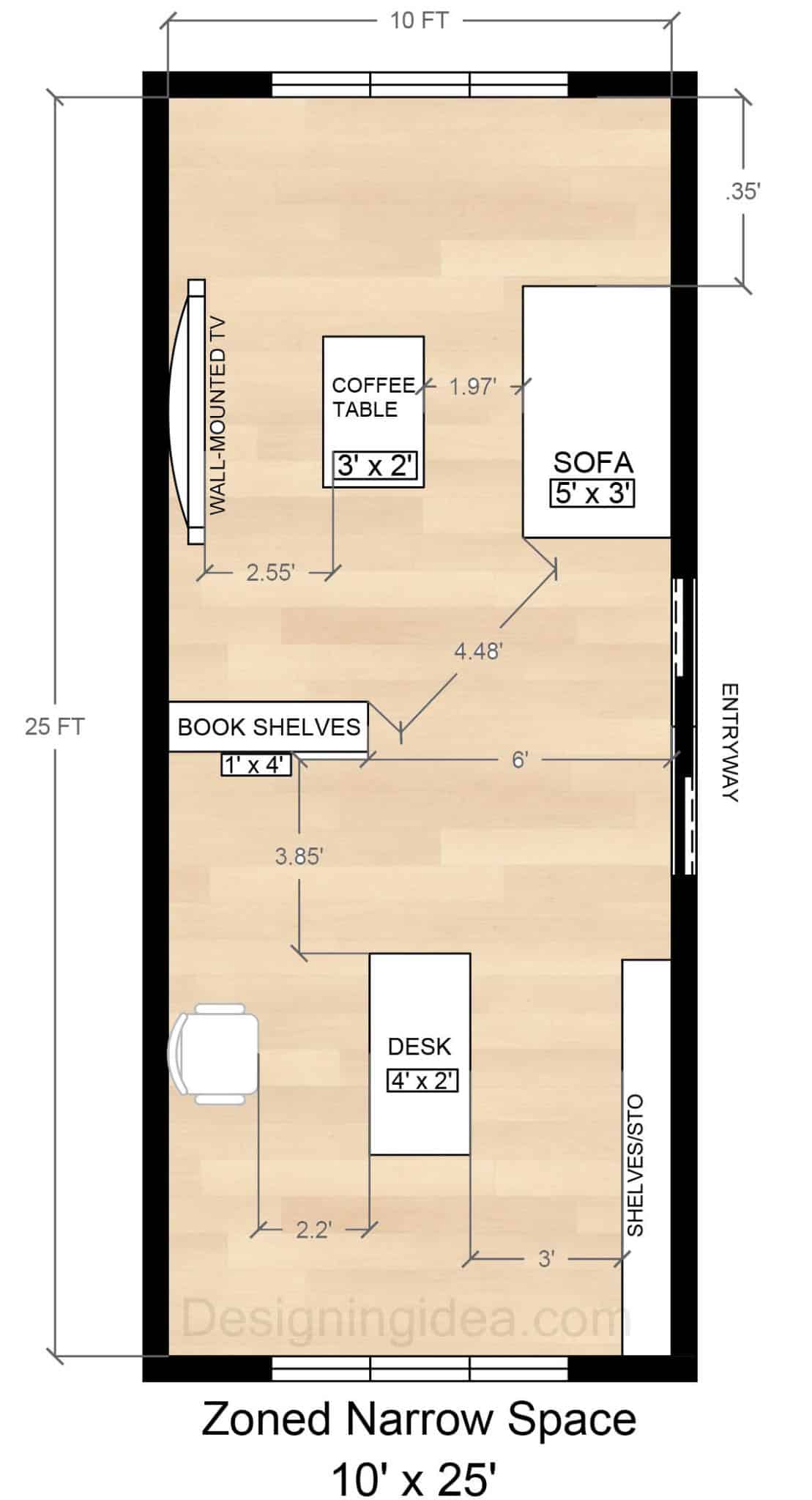 10x25 Narrow Zoned Living And Office Layout
