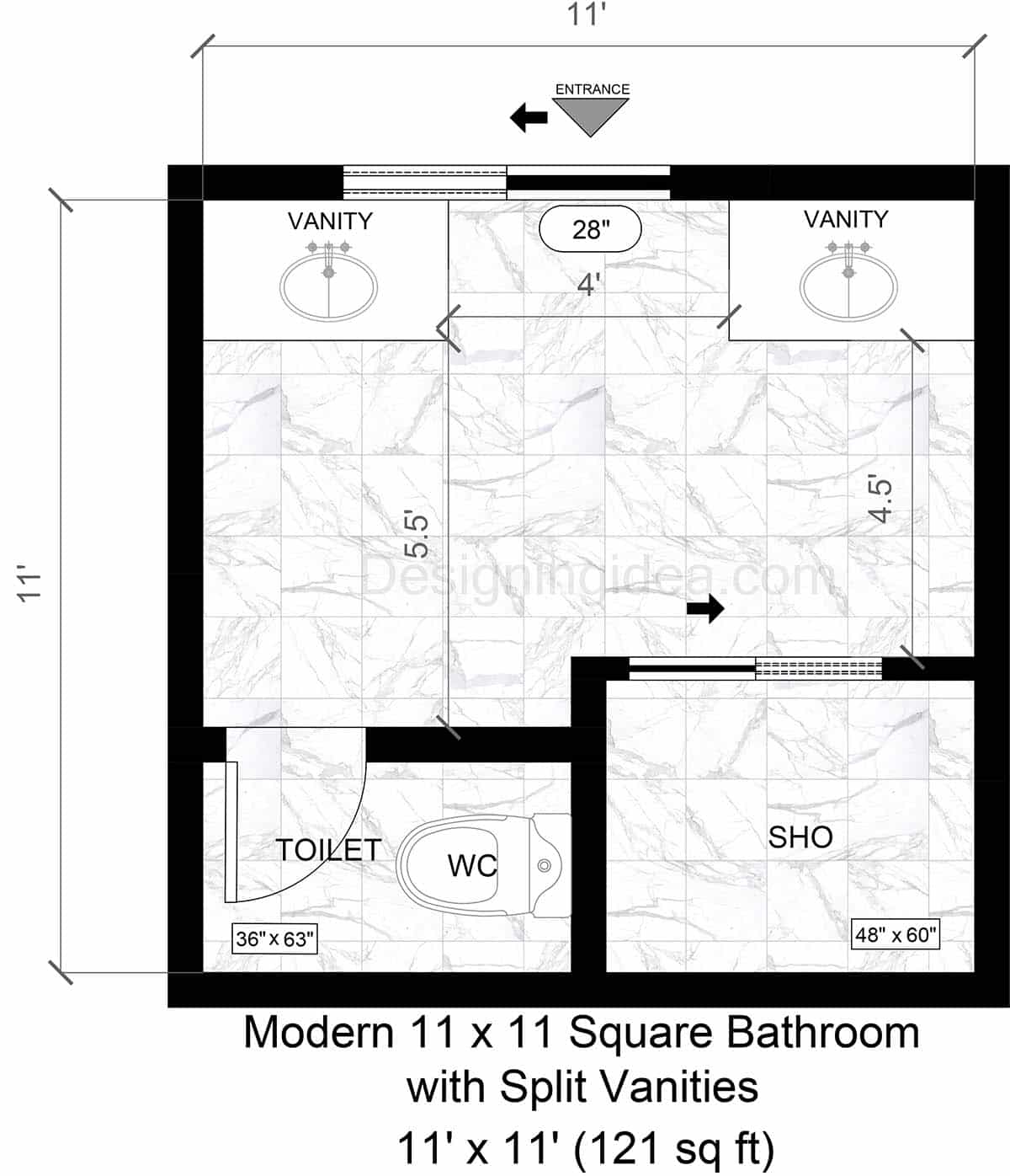 11x11 Modern Bathroom with Split Vanities Floor Plan