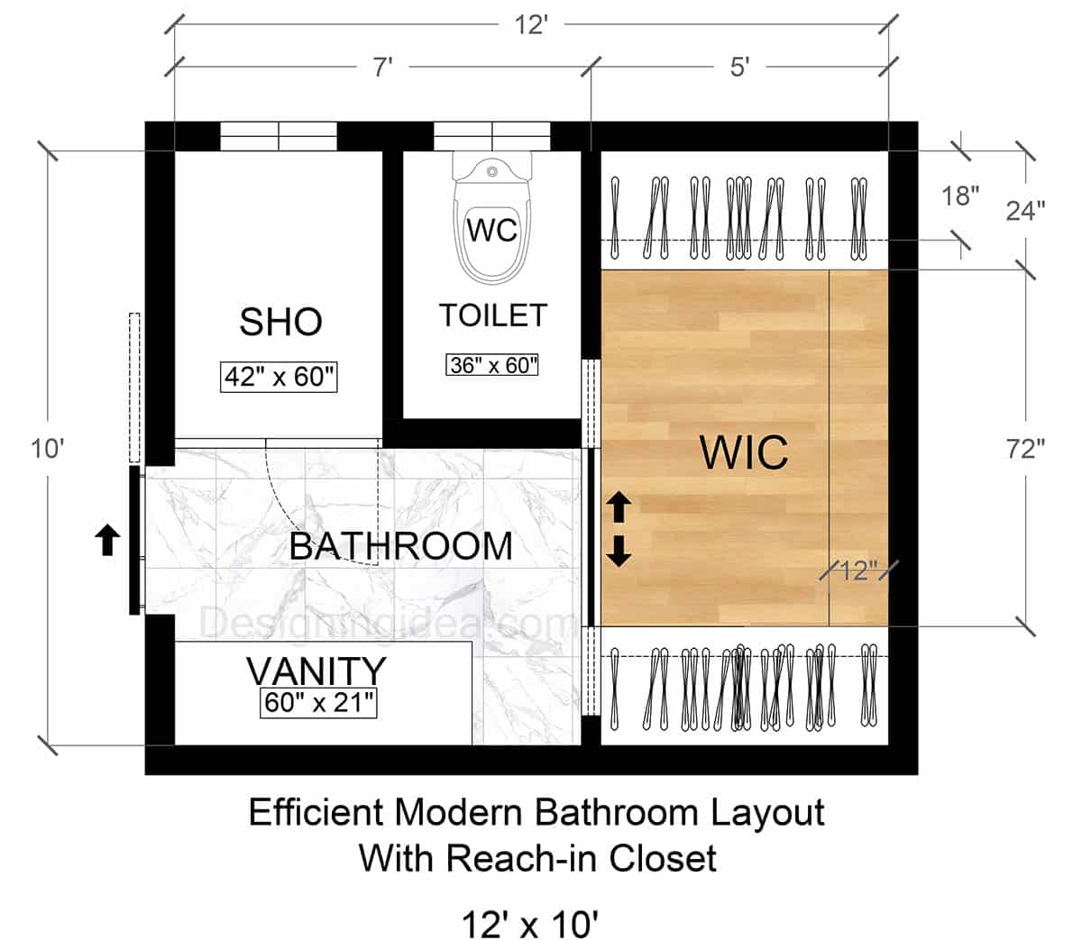 Efficient Modern Bathroom Layout With Reach-in Closet