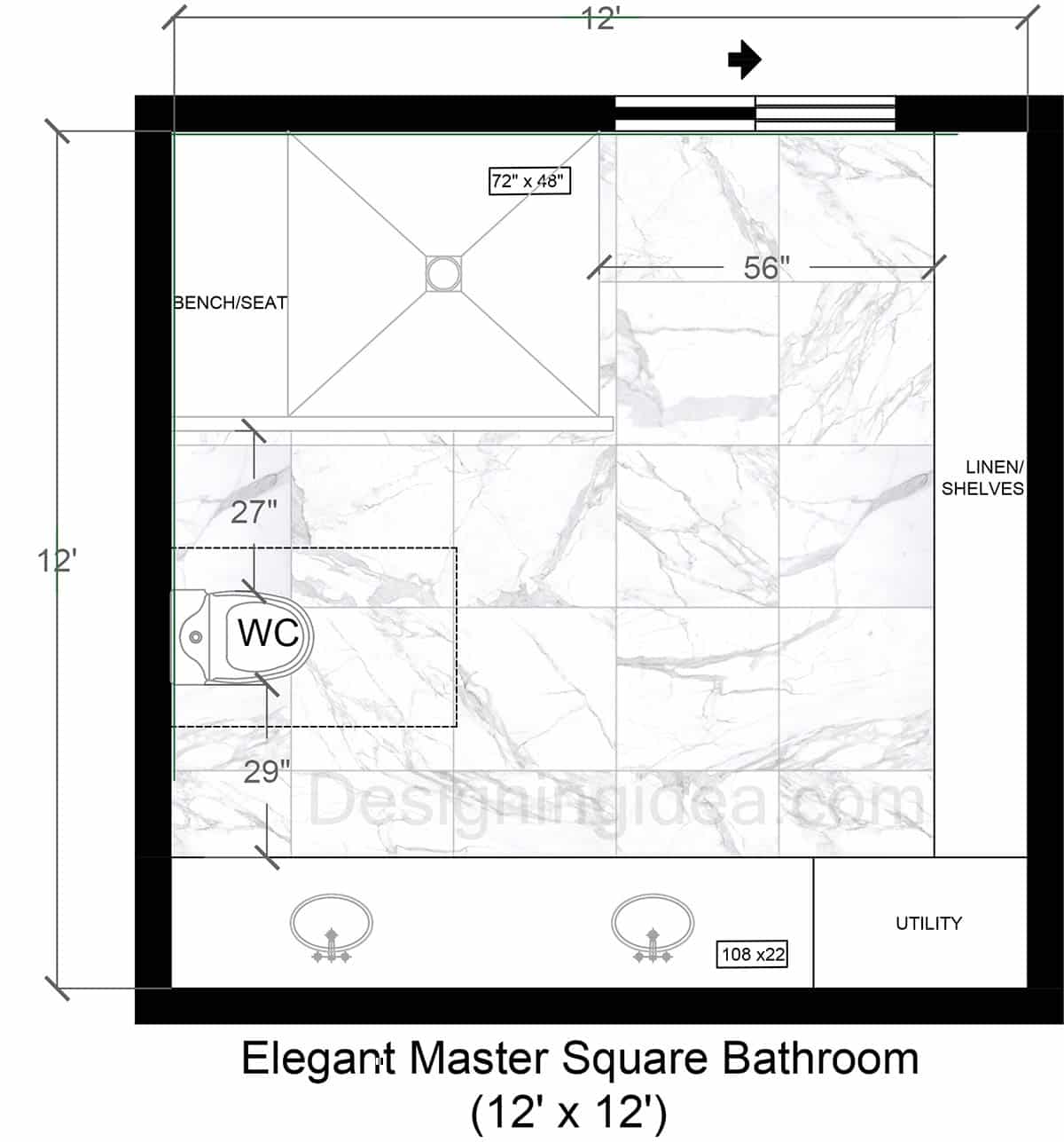 12x12 elegant square master bathroom floor plan