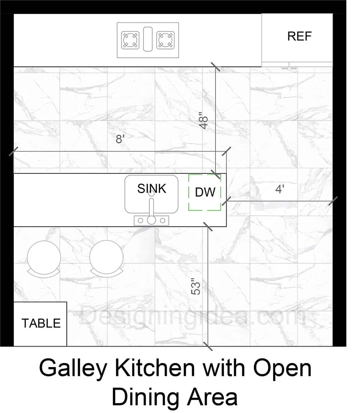 Galley Kitchen with Open Dining Area Floor Plan