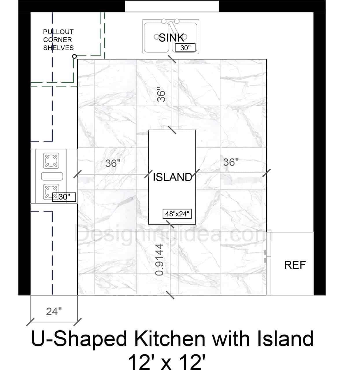 U-Shaped Kitchen With Narrow Island Layout