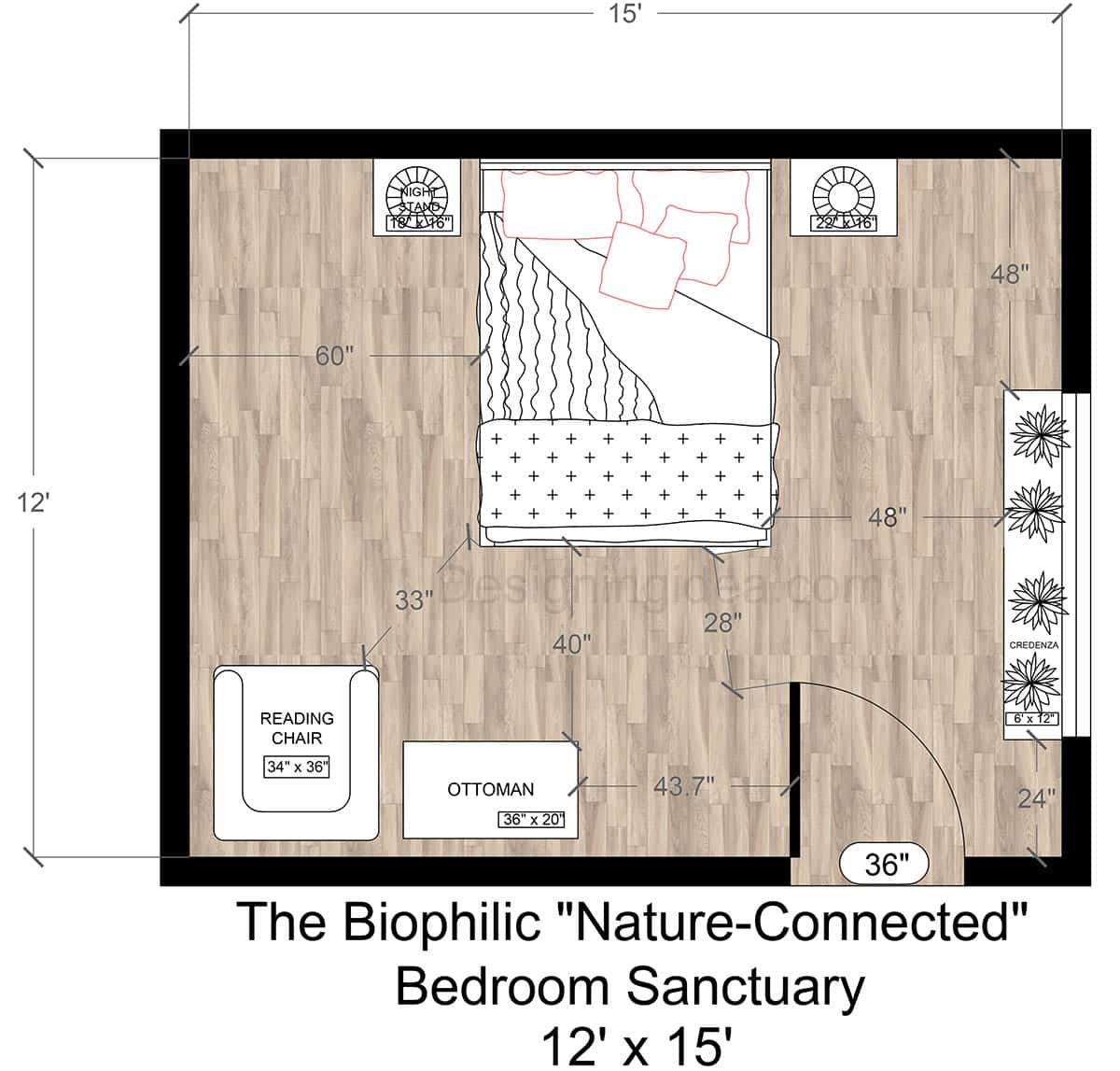 12x15 Biophilic Nature-Connected Bedroom Sanctuary Floor Plan