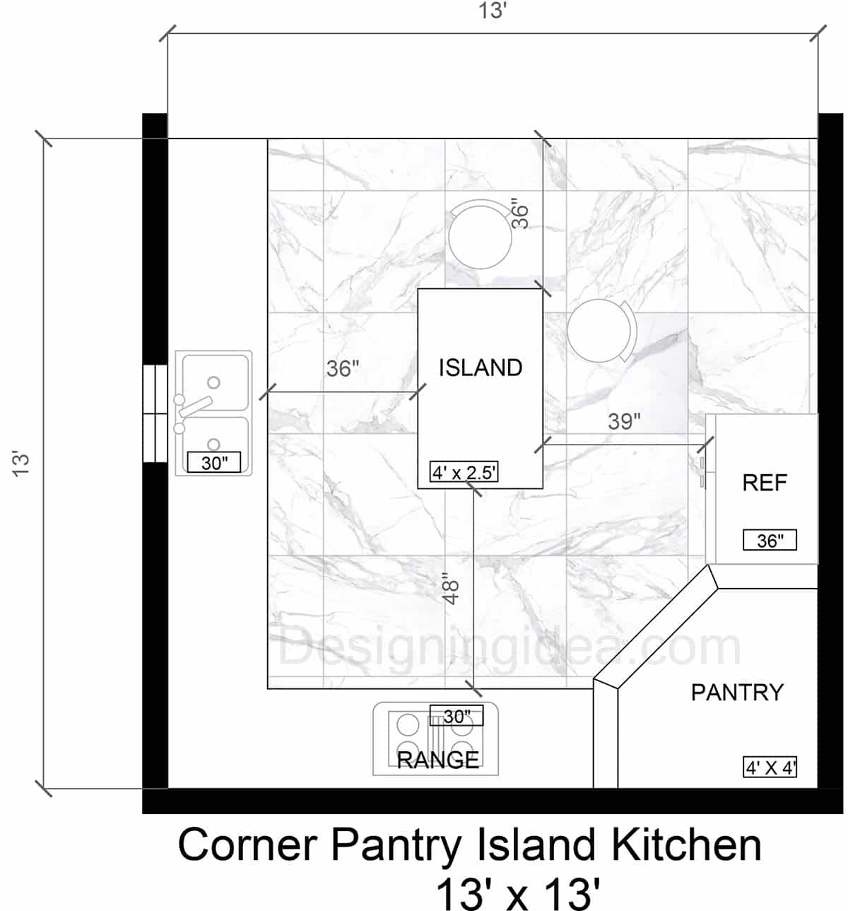 13x13 Kitchen With Corner Pantry And Island Floor Plan