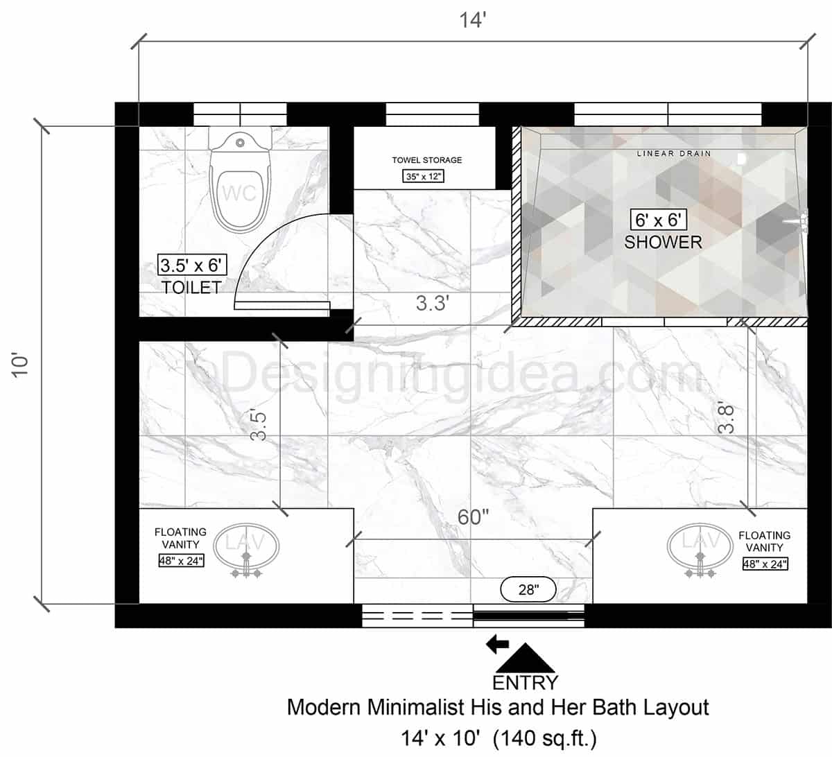 Modern Minimalist Couples Bath Layout