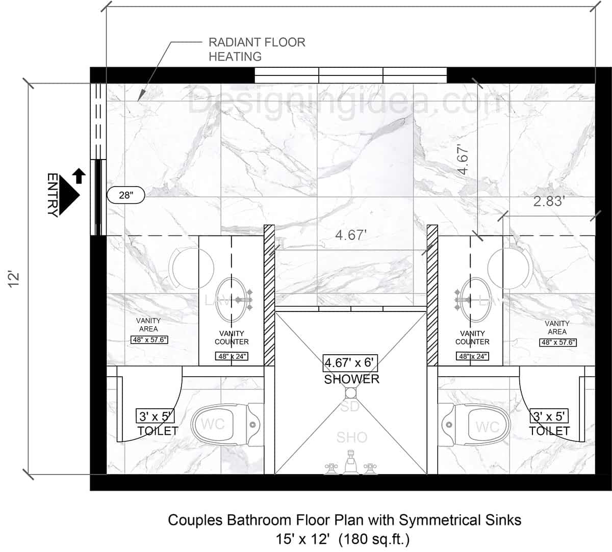 Couples Bathroom Floor Plan With Symmetrical Sinks