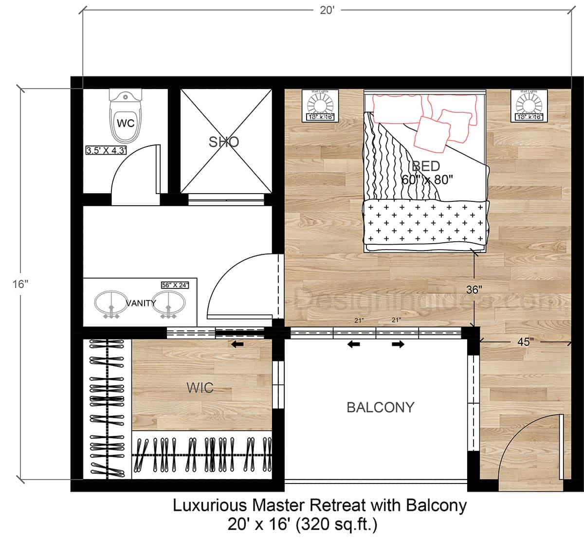 20x16 Luxurious Master Retreat with Balcony Floor Plan