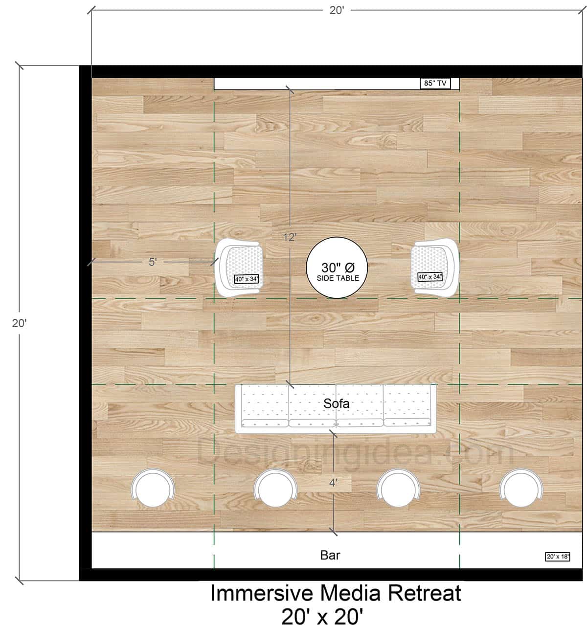 20x20 Immersive Media Room Retreat Layout