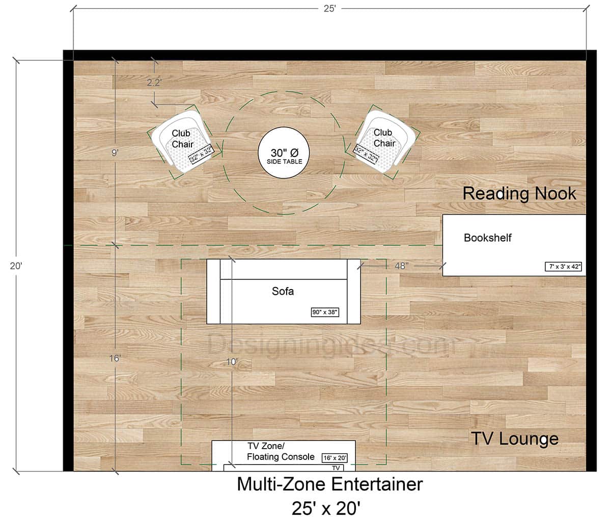 20x25 Multi-Zone Entertainer's Living Room Layout