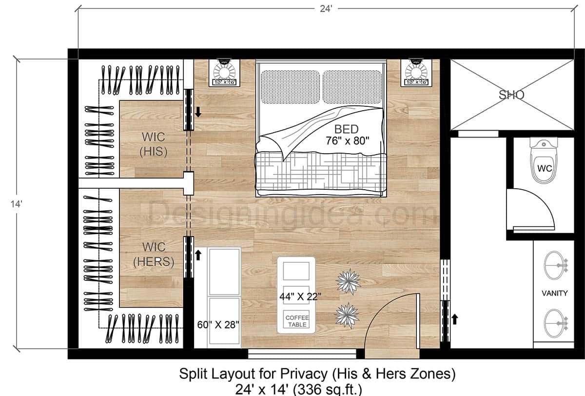 24x14 Split Bedroom and Garage Layout for Privacy (His & Hers Zones)