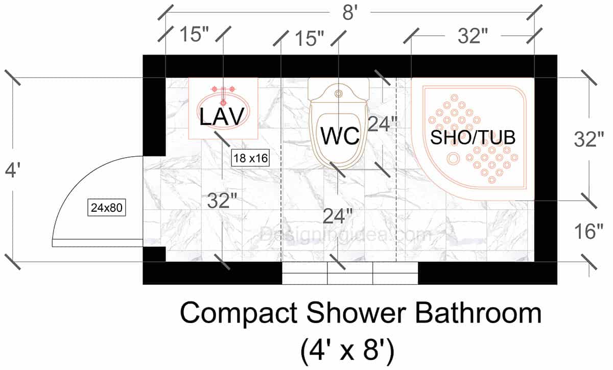 4x8 compact shower bathroom layout