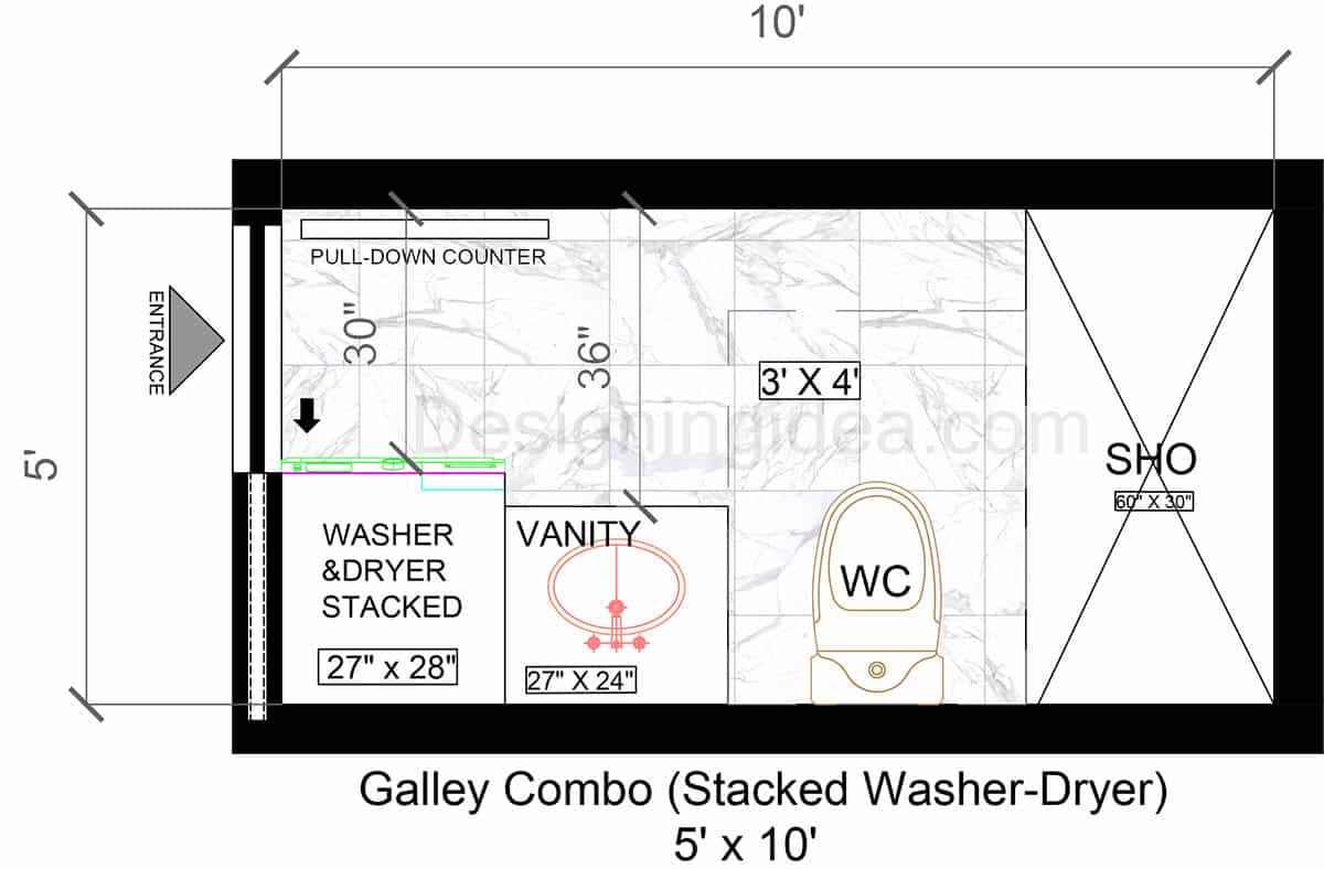 5×10 Galley Bathroom And Laundry Combo With Stacked Washer And Dryer