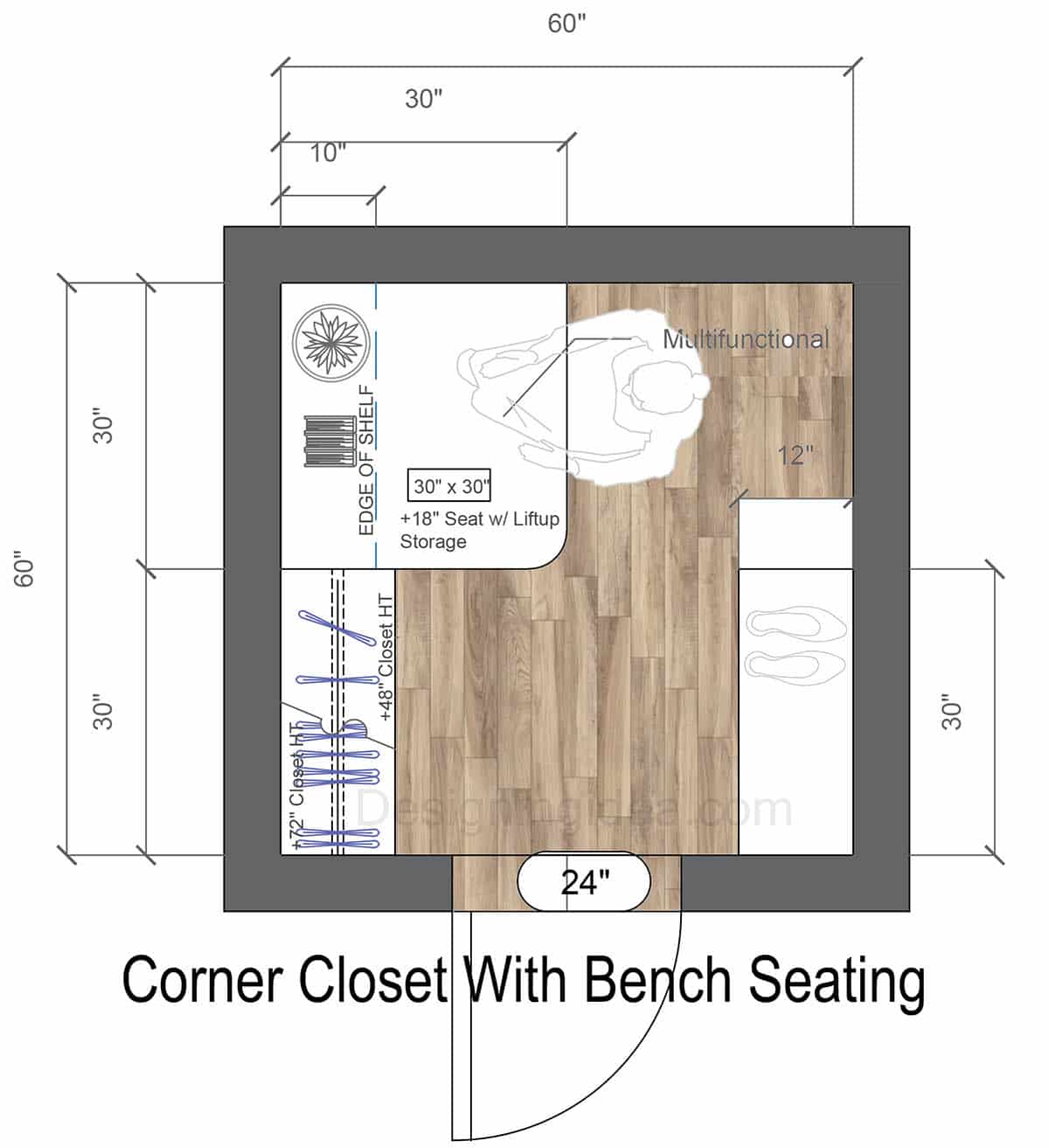 Corner Closet with Bench Seating Layout