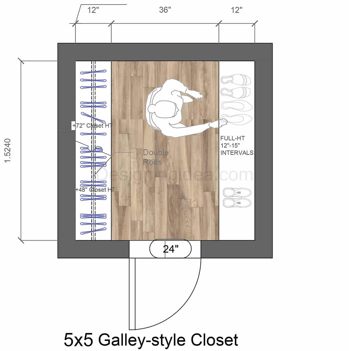 Galley-Style Closet With Shoe Storage Layout