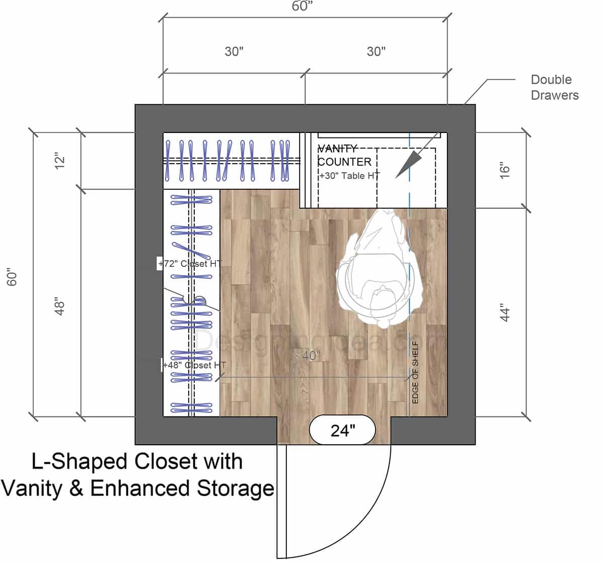 L-Shaped Closet with Vanity & Enhanced Storage Floor Plan