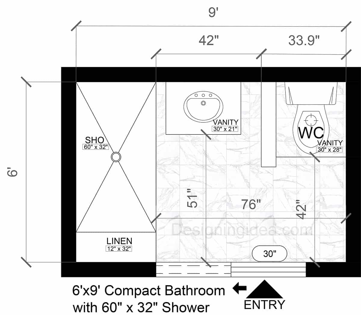6×9 Compact Bathroom with Walk-in Shower Floor Plan