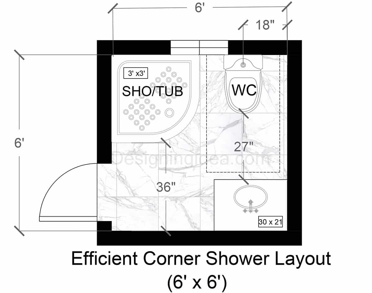 6x6 efficient corner bathroom shower layout