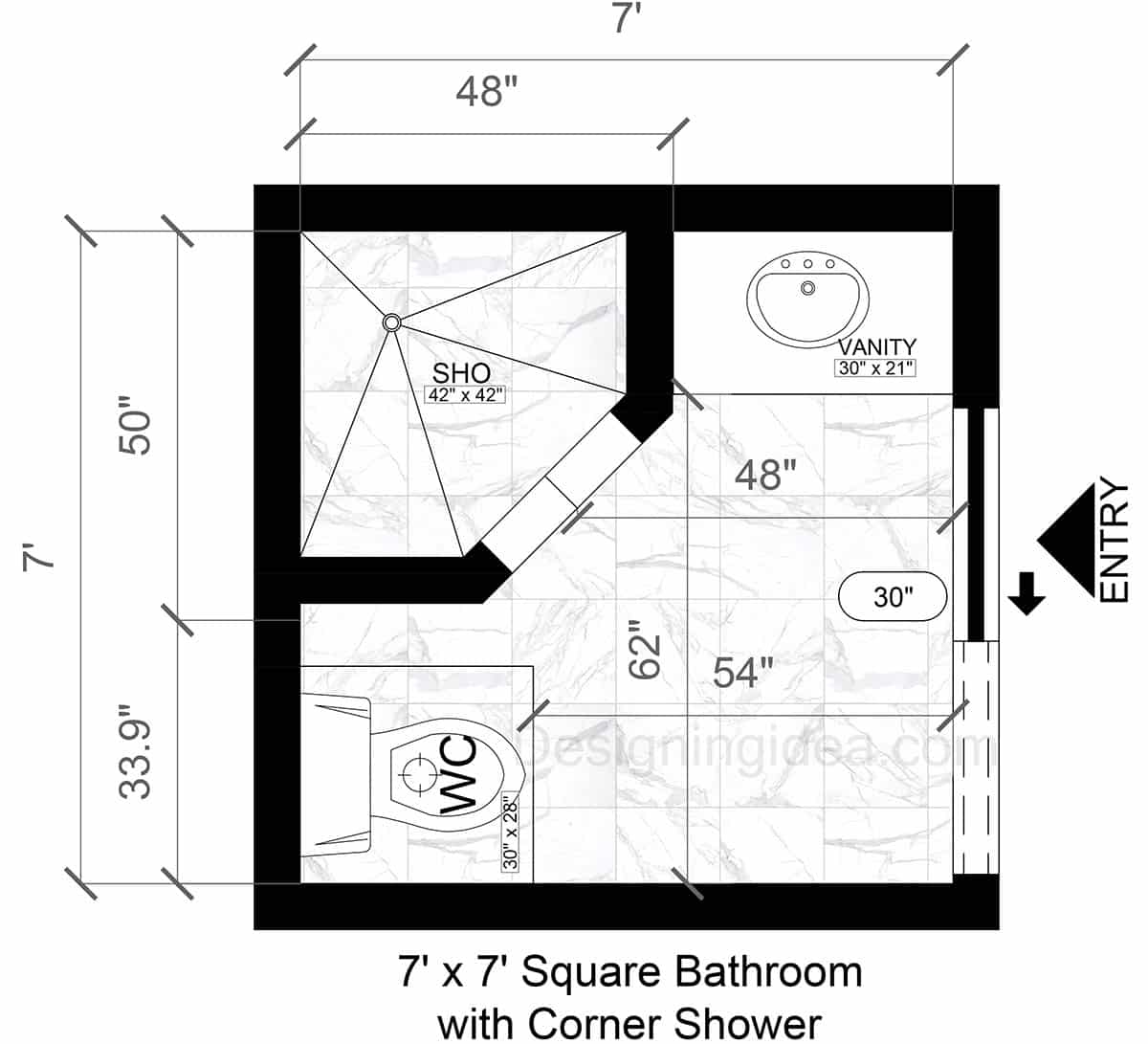 7×7 Square Bathroom with Corner Shower Design