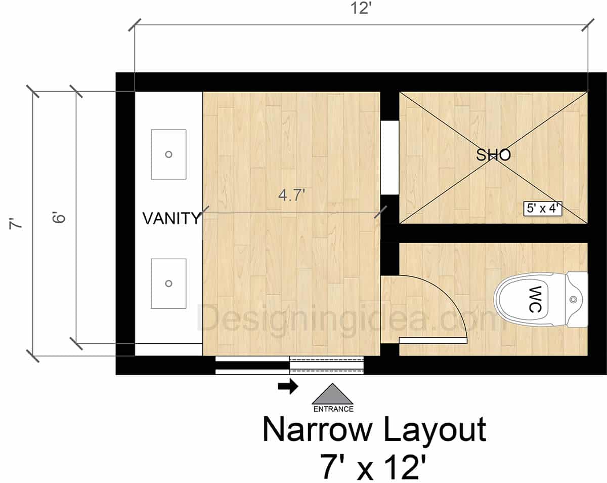 7x12 Narrow Bathroom Layout With Glass Shower Enclosure