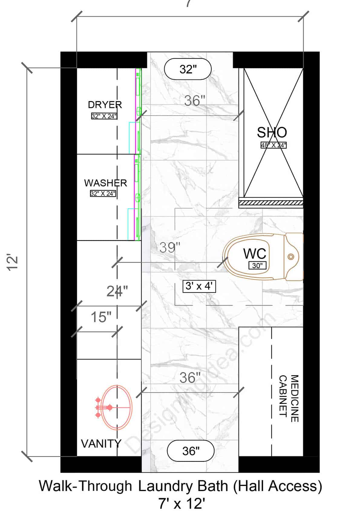 7×12 Walk-Through Laundry Bathroom Layout