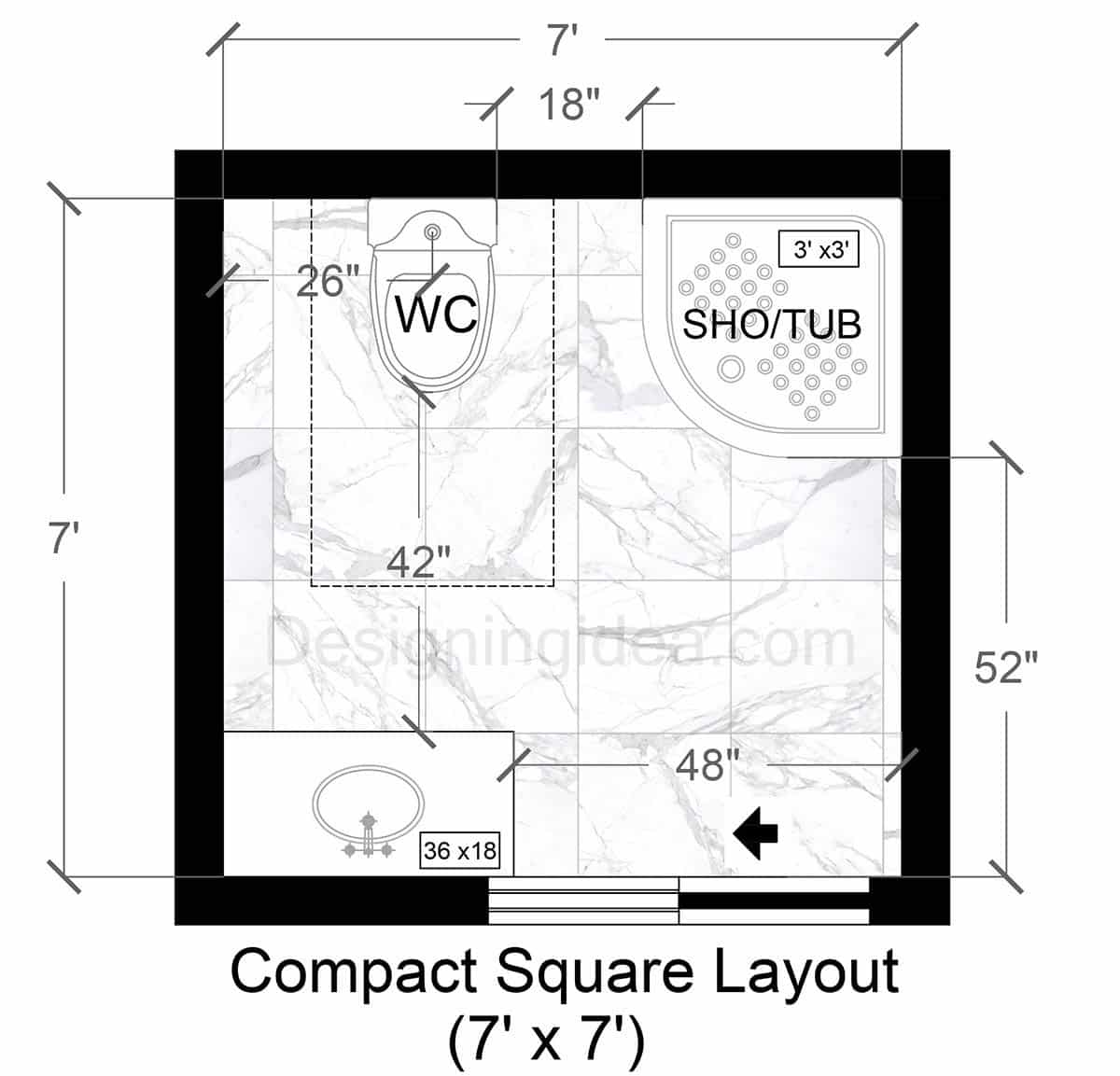 7x7 compact bathroom floor plan with shower