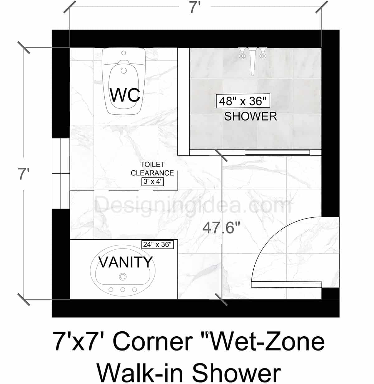 7x7 corner wet zone bathroom walk in shower floor plan