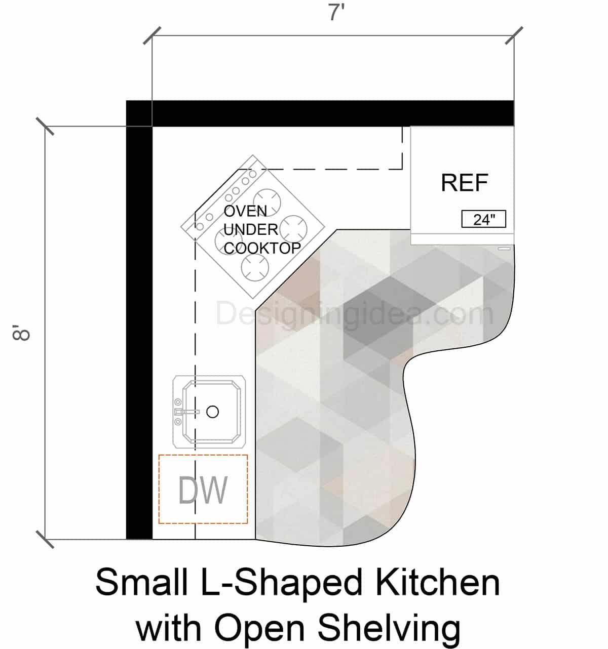 7x8 Small Kitchen With L-Shaped Design And Open Shelving