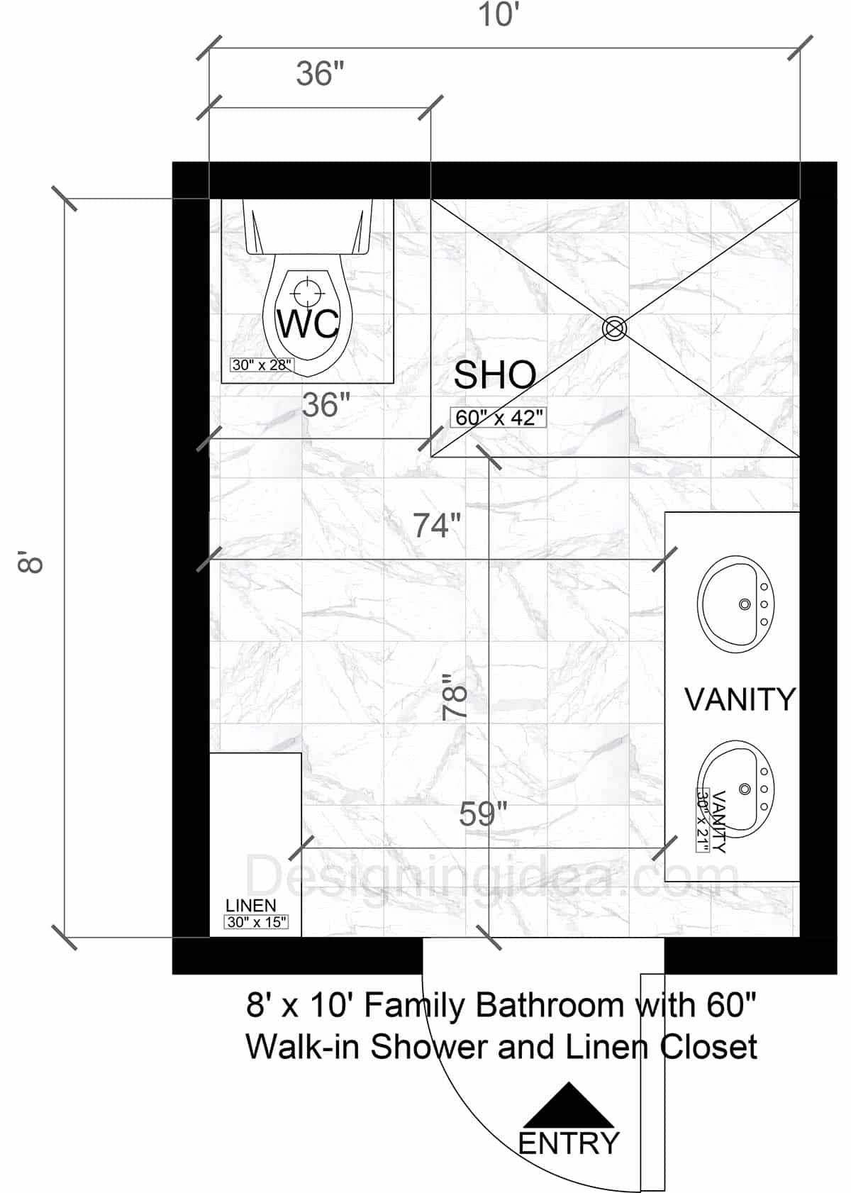 8×10 Family Bathroom with Walk-In Shower And Linen Closet Layout