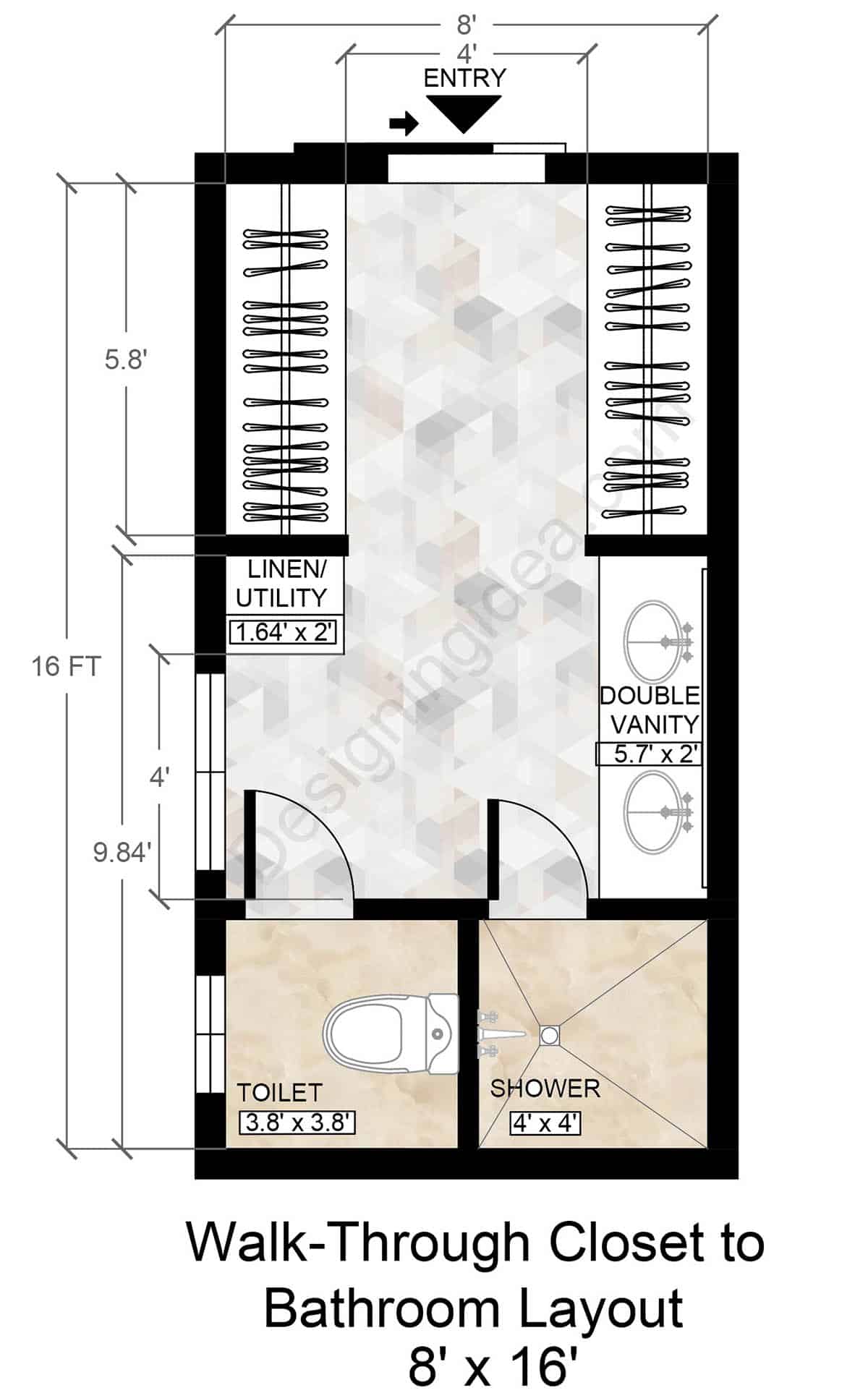 8x16 walk through closet to bathroom layout