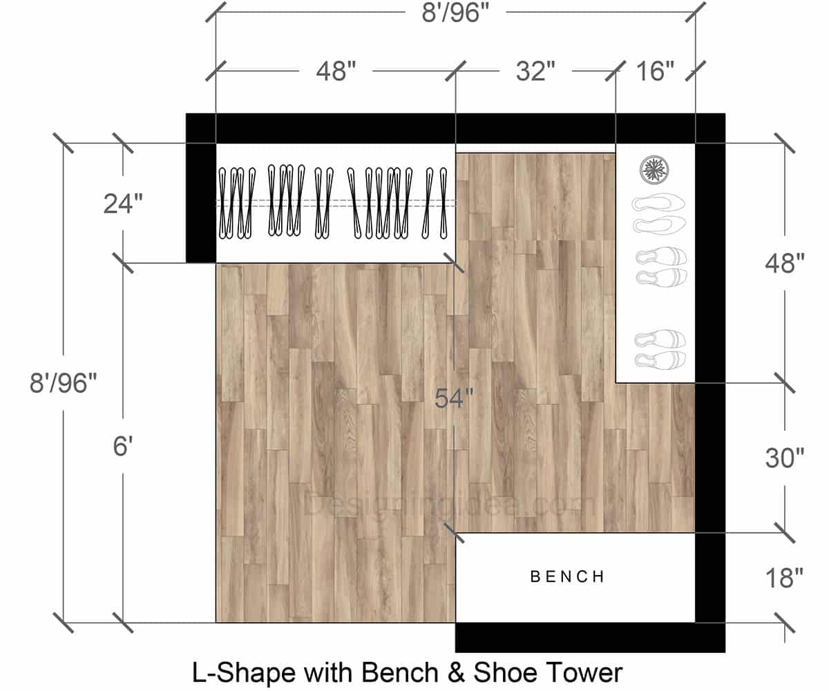 L‑Shape Closet With Bench & Shoe Tower Floor Plan