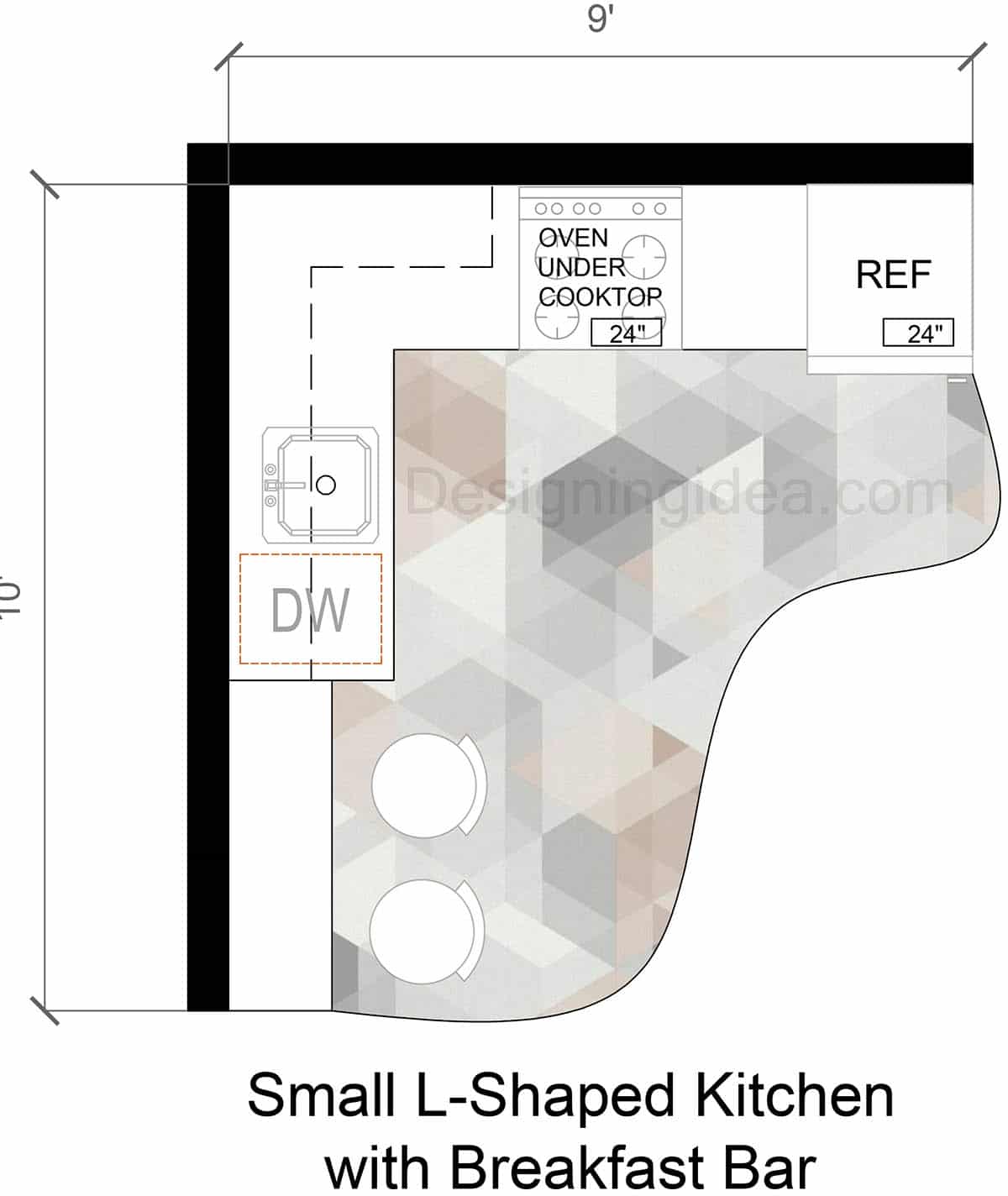 9x10 Small L-Shaped Style Kitchen With Breakfast Bar Floor Plan