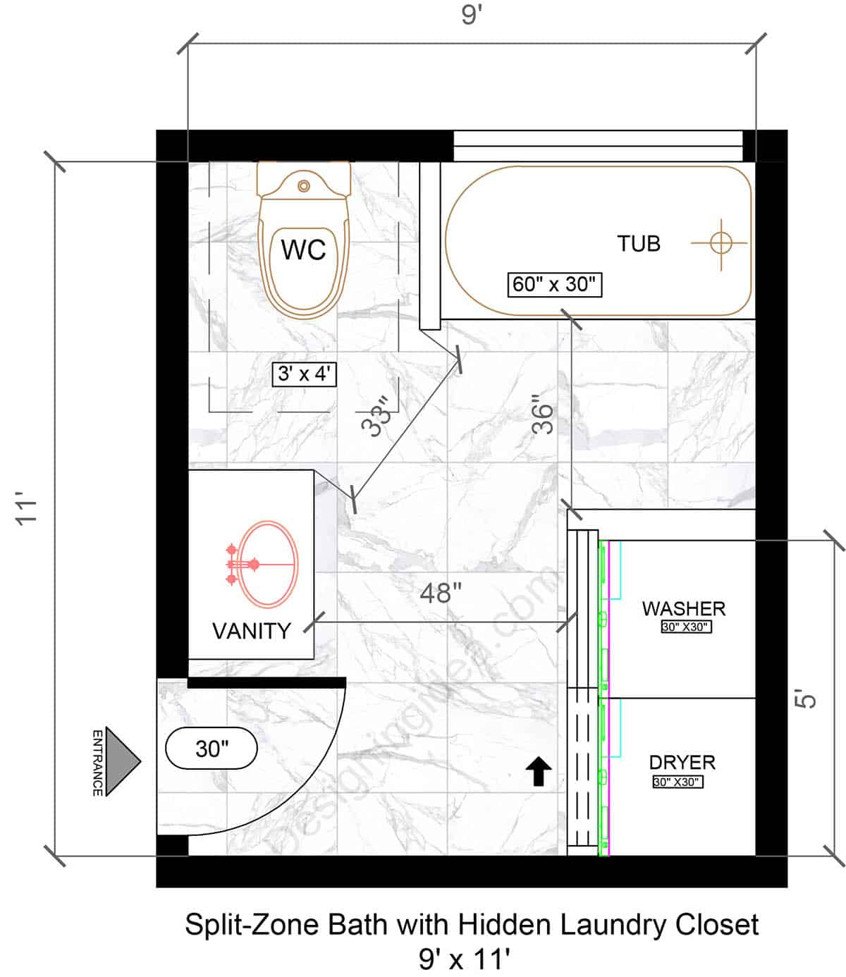 9×11 Split-Zone Bathroom with Hidden Laundry Closet Layout