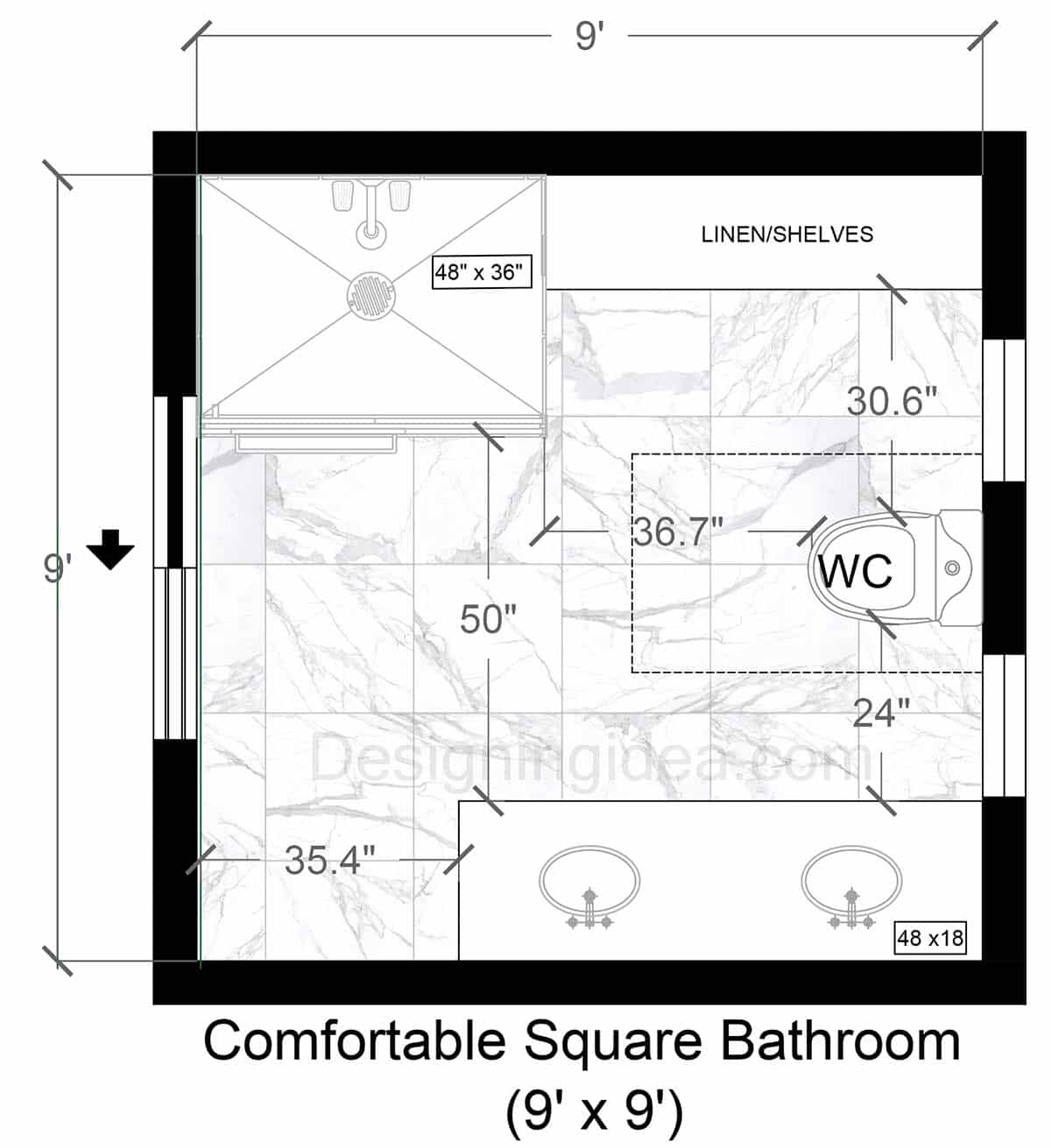 9x9 comfortable dual sink bathroom design