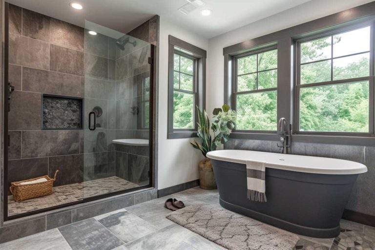 bathroom with dark tiles in shower