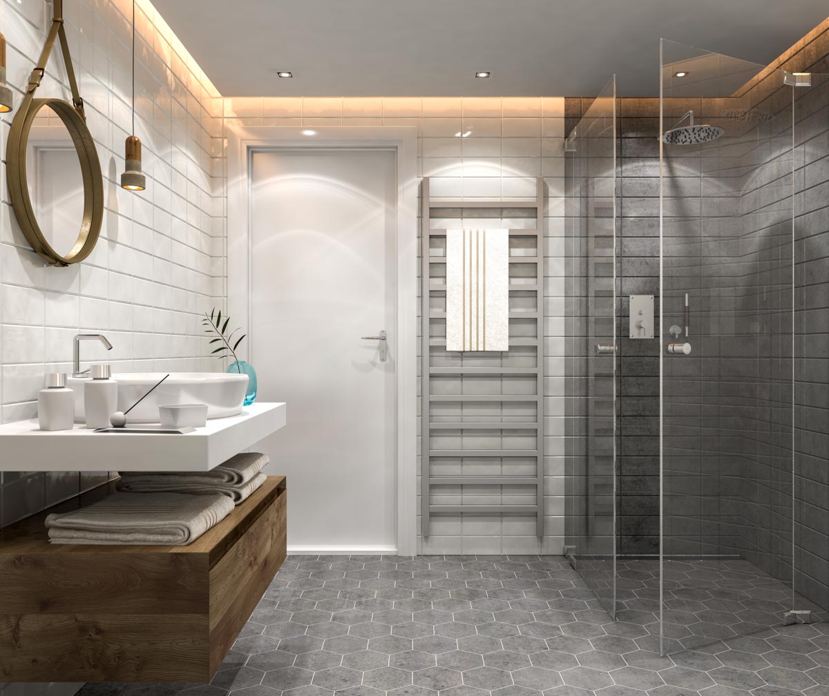 bathroom with tile flooring mirror and towel holder