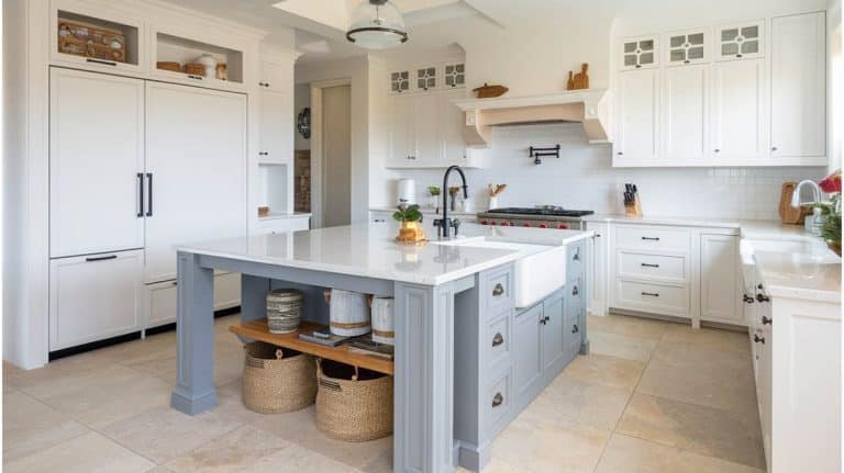 How To Design A White Kitchen with a Gray Island