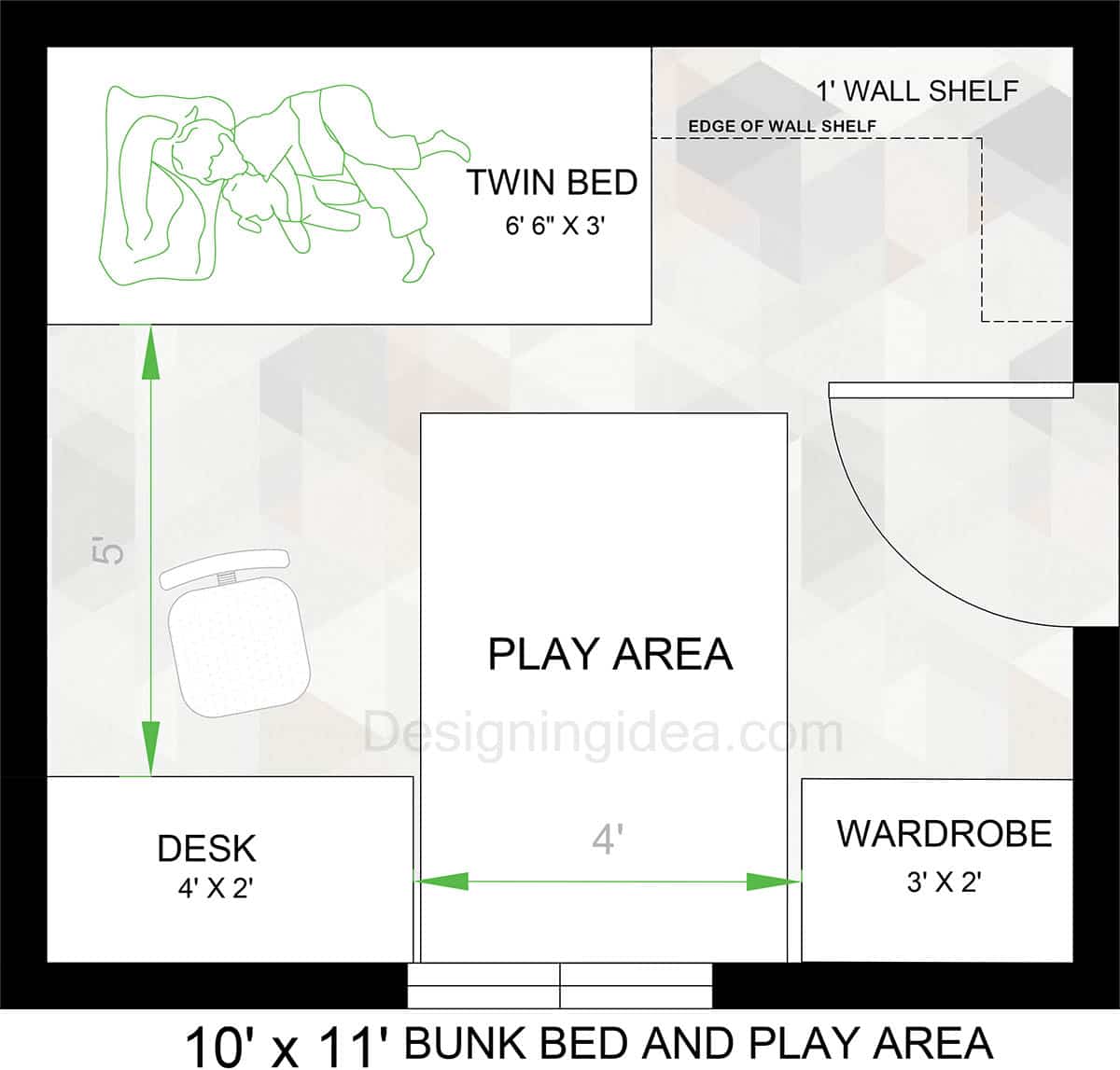 Bedroom With Bunk Bed And Play Area Layout