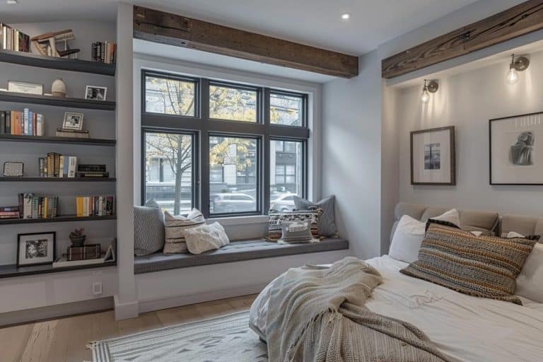 bedroom with cushioned bench and window