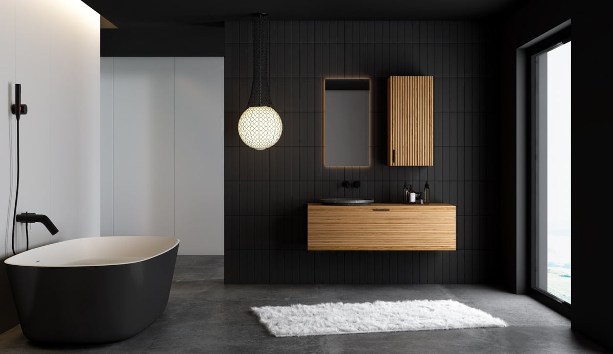 black bathroom with mirror pendant light and window