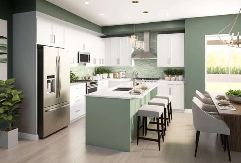 Contemporary kitchen with white shaker cabinets, sage on the walls and island