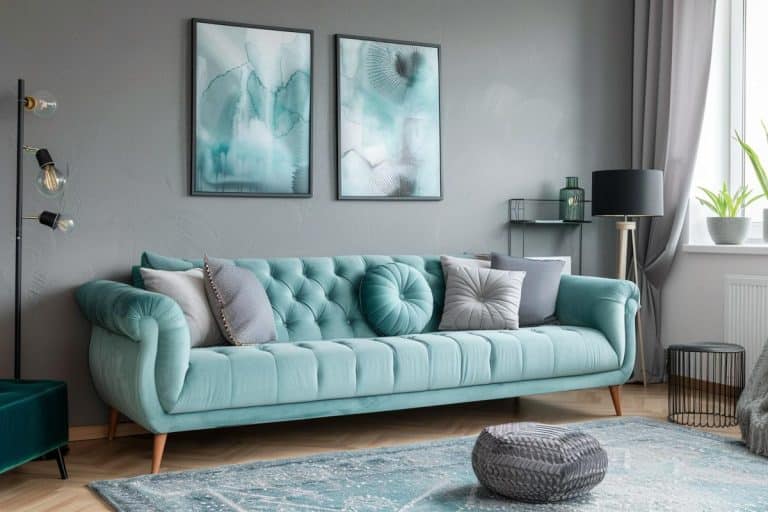 contemporary room with sofa rug and curtains