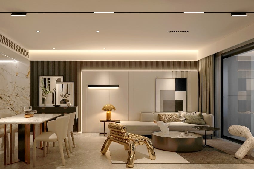 Modern open plan room and dining area with track lighting