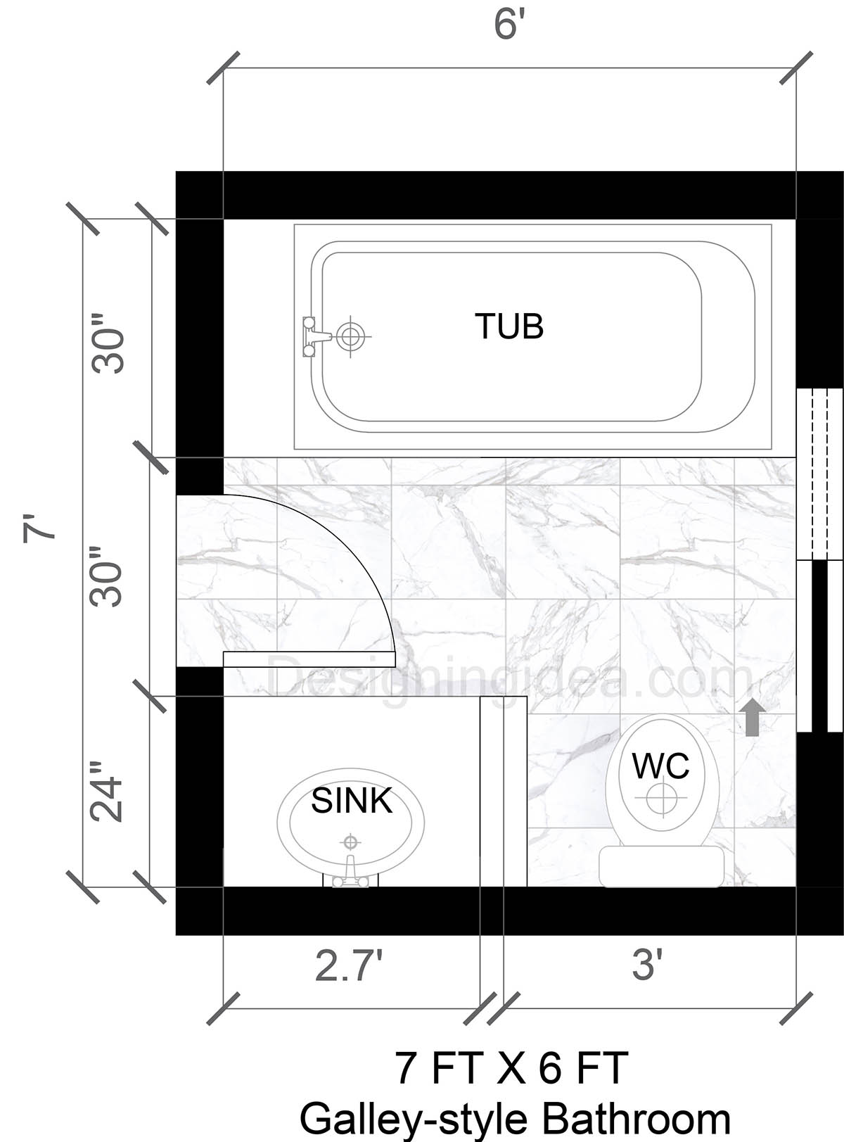 Galley style bathroom floor plan with tub
