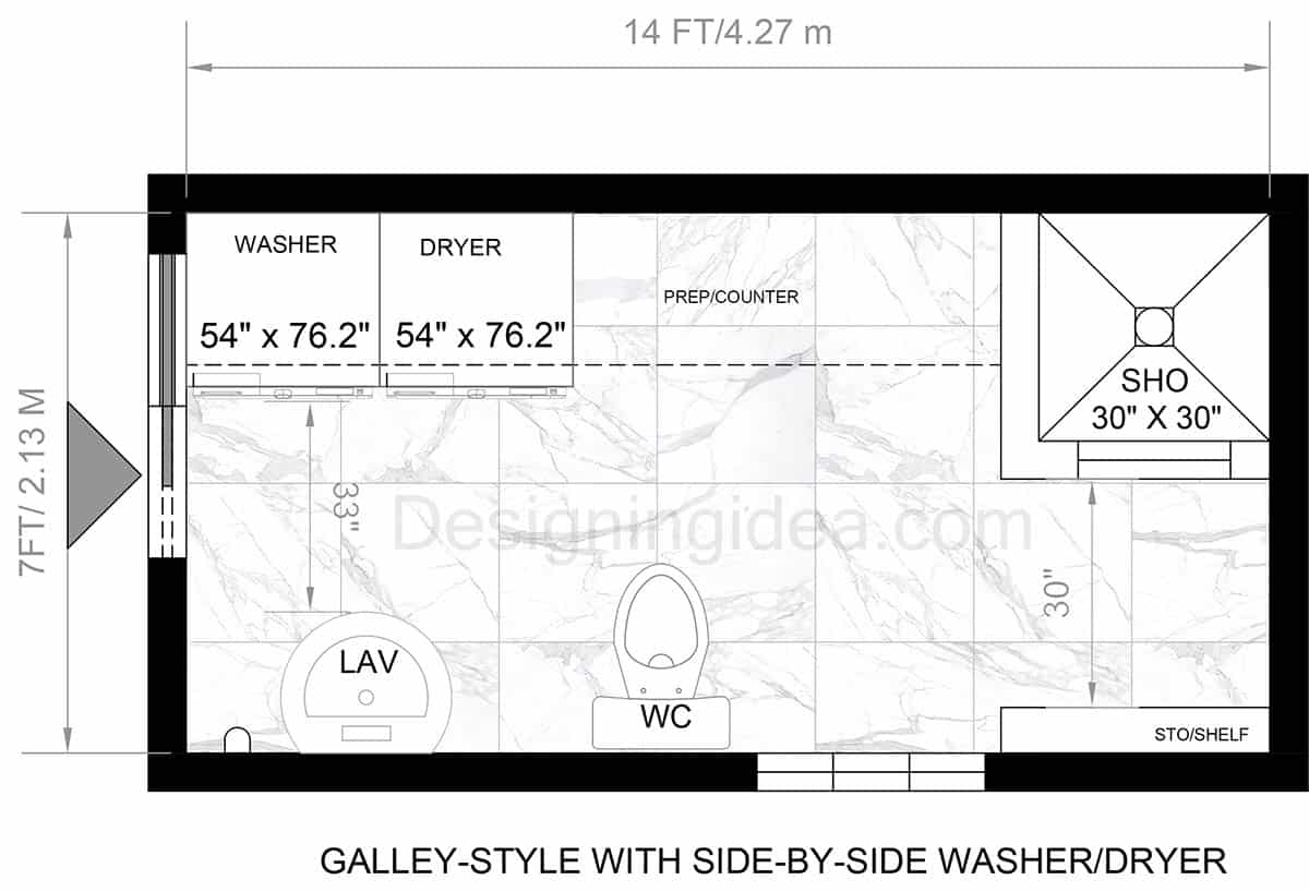 Galley-Style Bathroom With Laundry Floor Plan And Side-by-Side Washer And Dryer